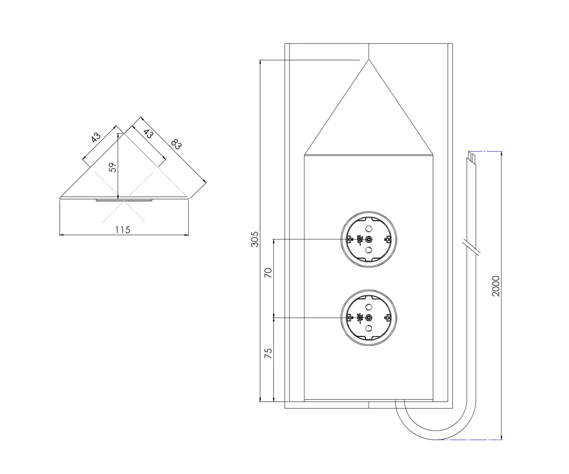 CARESSI 2ST22P Energiezuil Zwart - opbouw met twee stopcontacten
